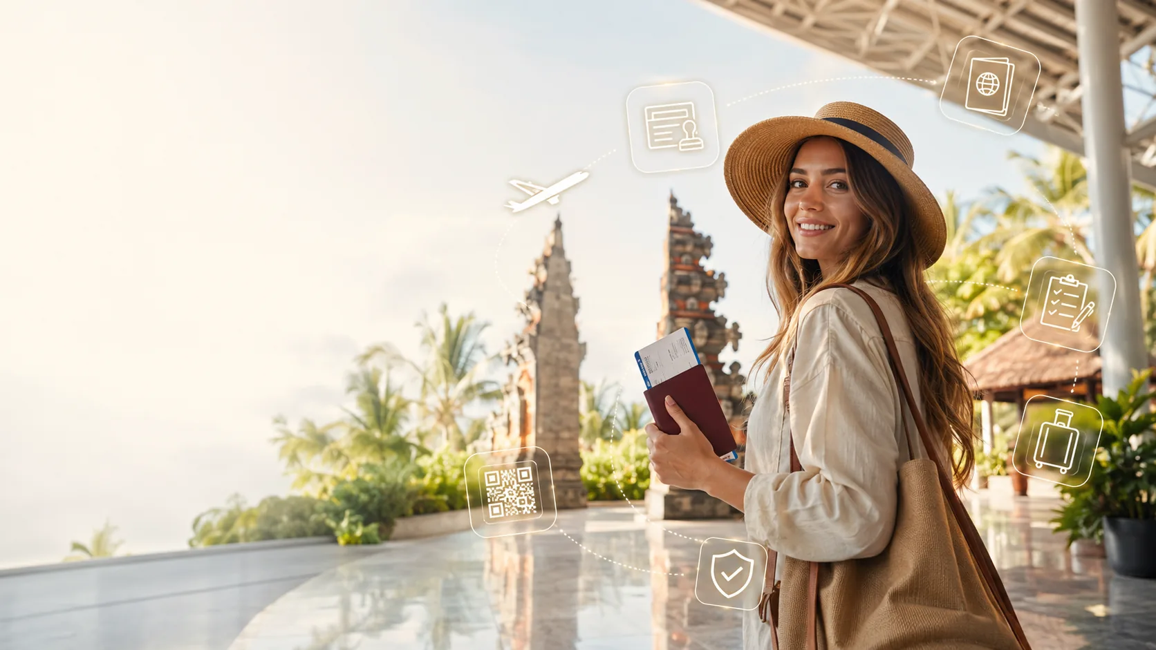 Woman ready to travel through Bali airport immigration